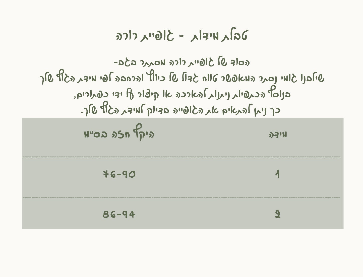 טבלת מידות גופיית רורה